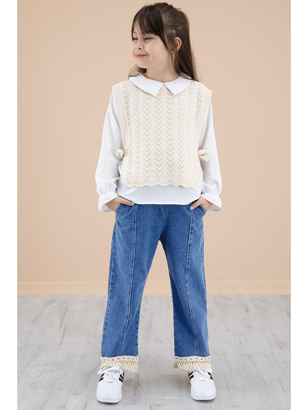 Mavi Jean Pantolonlu Dantelli Süveterli Kız Çocuk 3lü Takım 20691-1