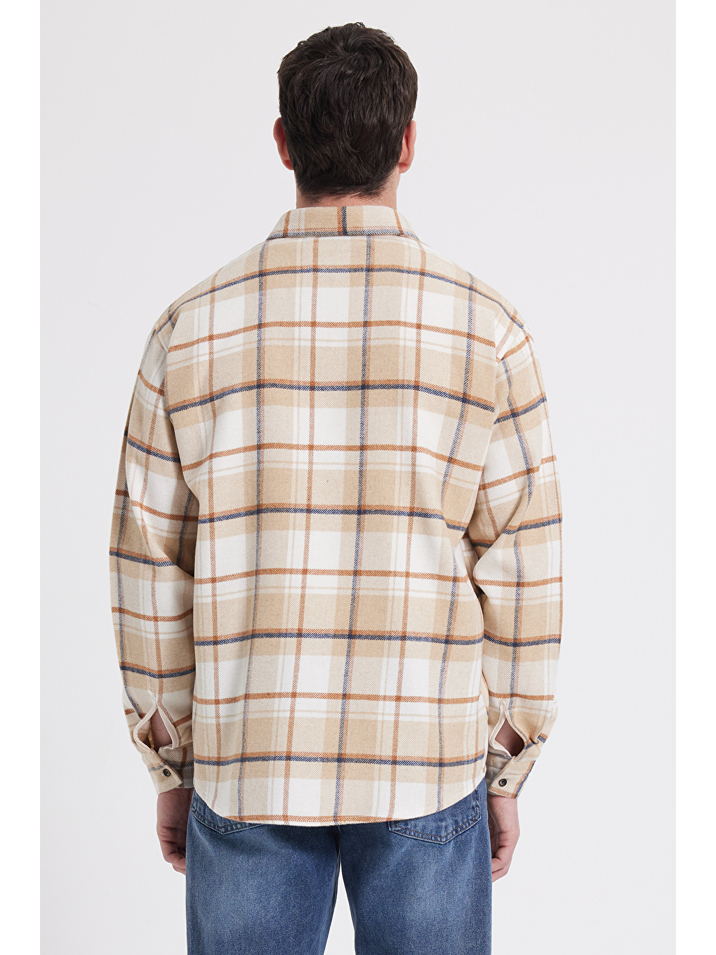 Bej Erkek Relax Fit Rahat Kesim Kışlık Kareli Oduncu Gömlek-5