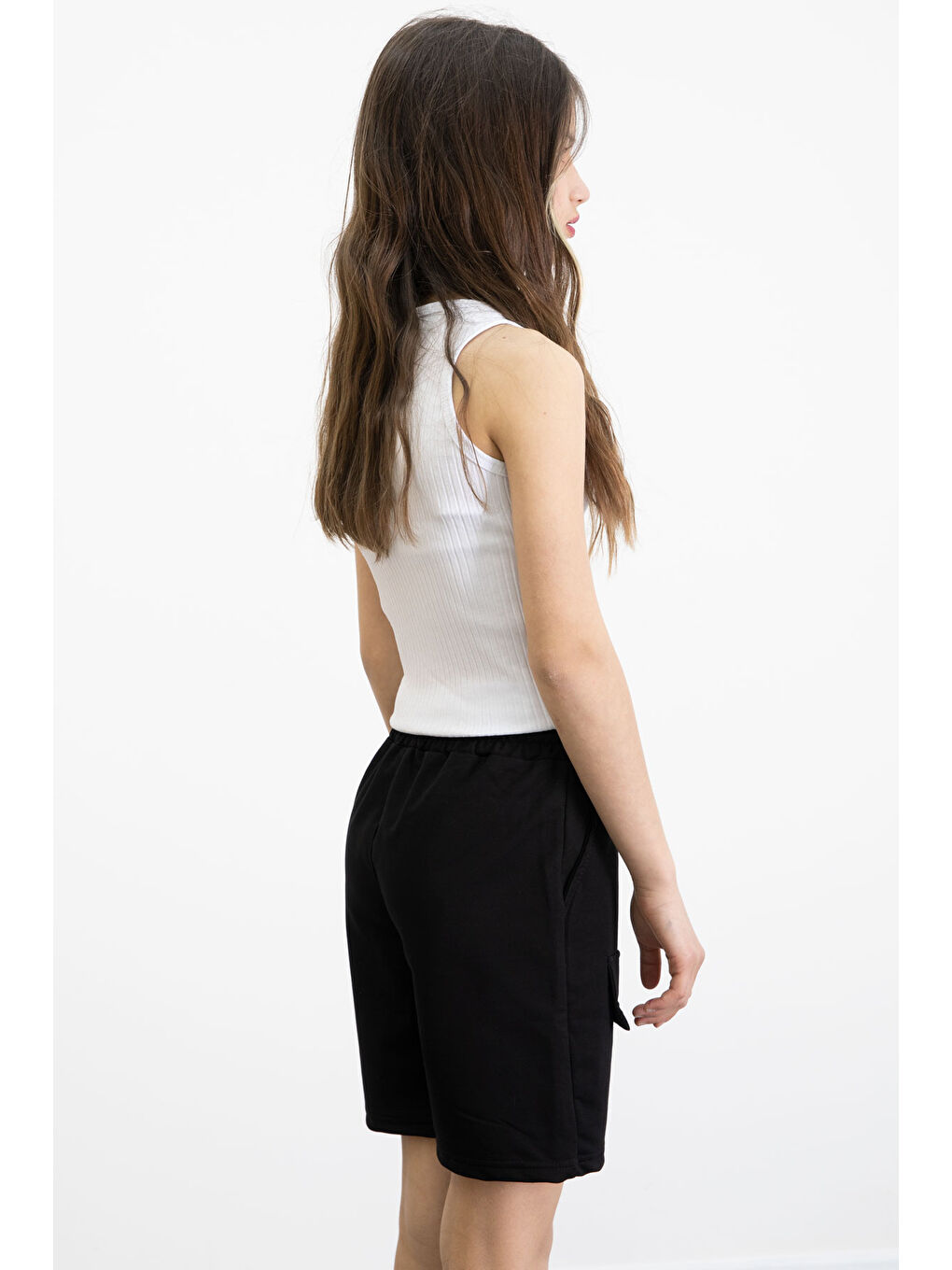 Siyah Beli Lastikli Şerit Detaylı Kız Çocuk Şort 20749-2
