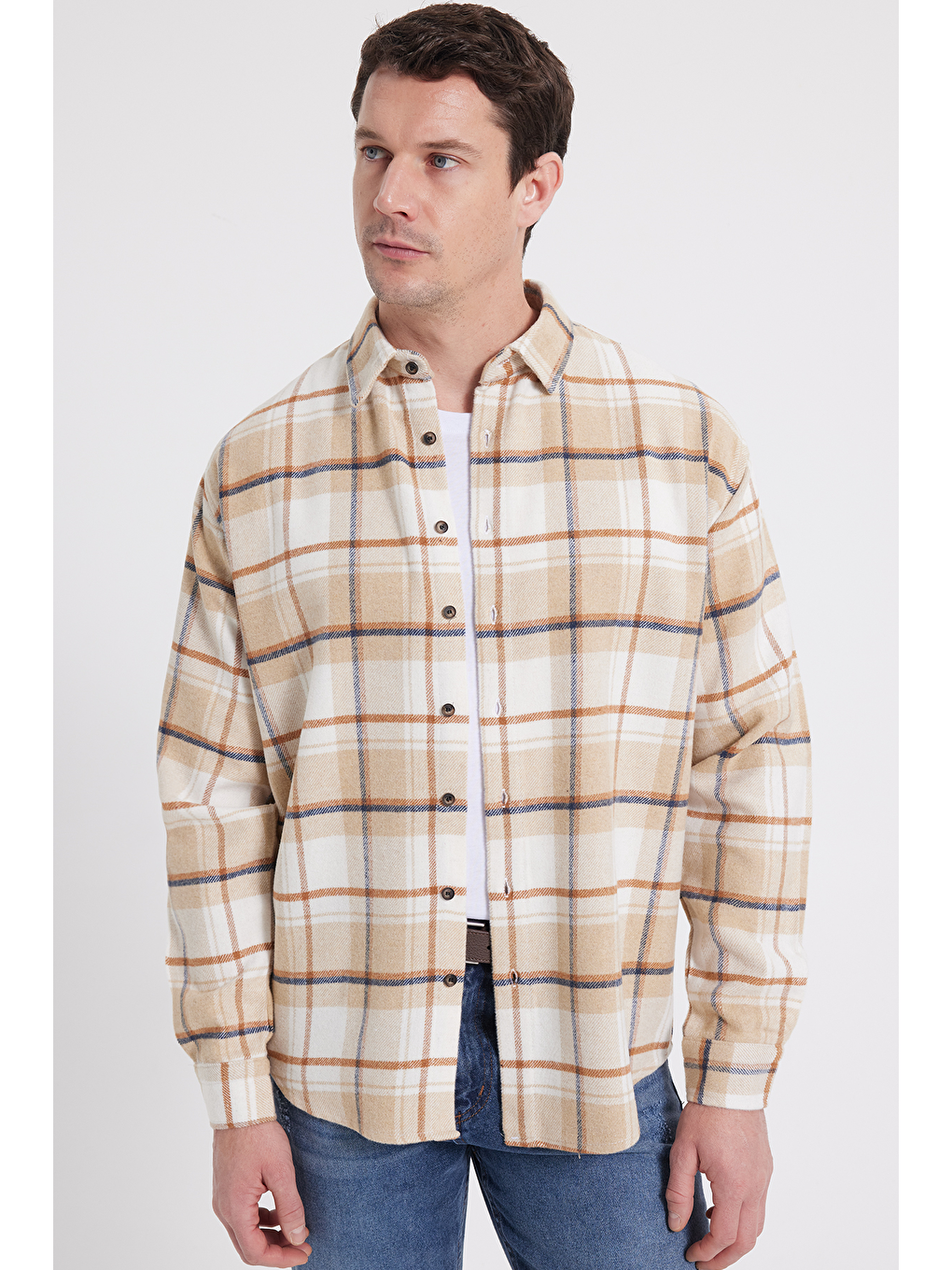 Bej Erkek Relax Fit Rahat Kesim Kışlık Kareli Oduncu Gömlek-6