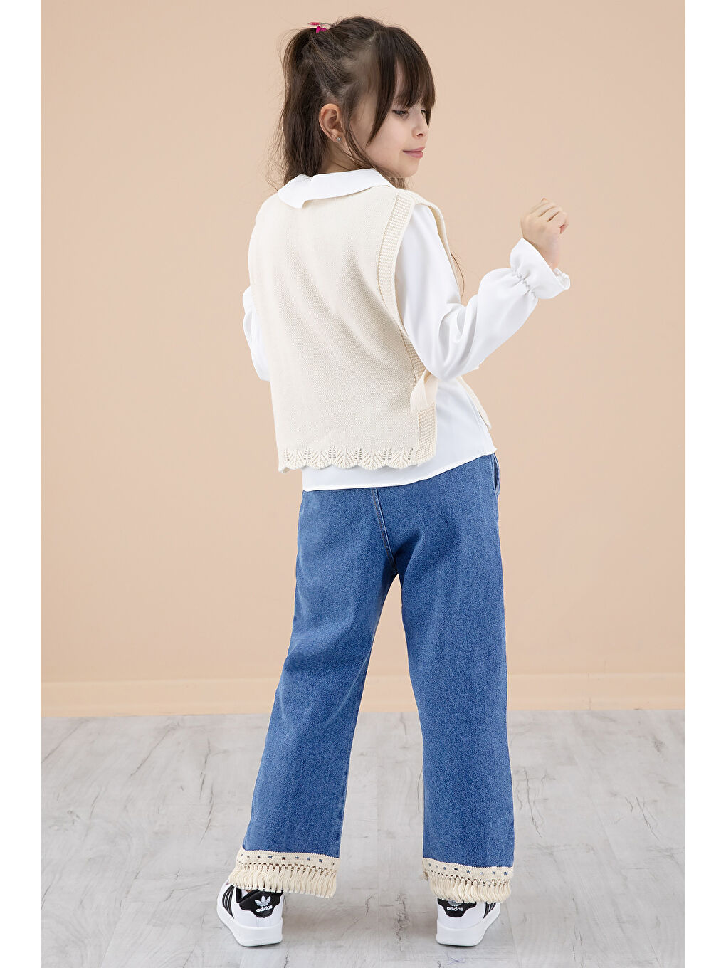 Mavi Jean Pantolonlu Dantelli Süveterli Kız Çocuk 3lü Takım 20691-3