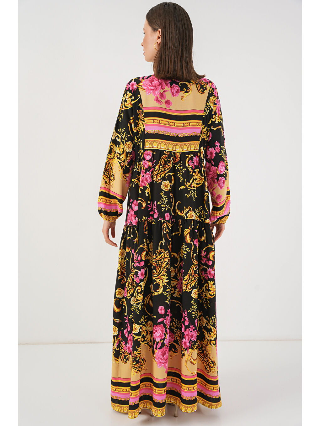 Kadın Desenli Uzun Tesettür Elbise 2585 - B.Sarı-5