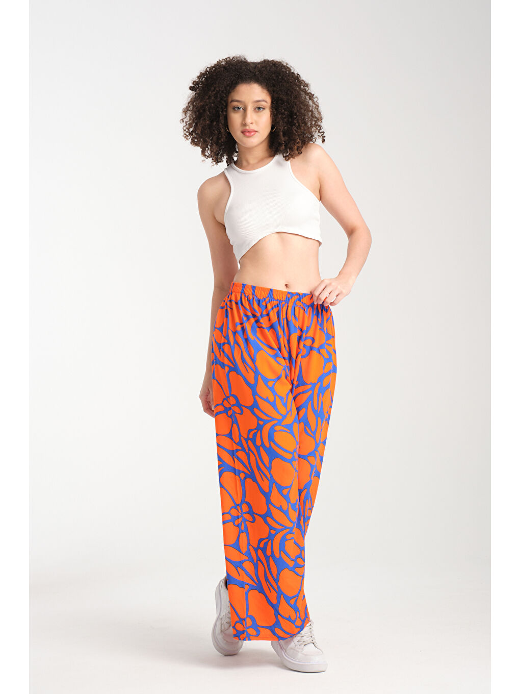 Turuncu Kadın Desenli Dökümlü Viskon Pantolon 1080-1