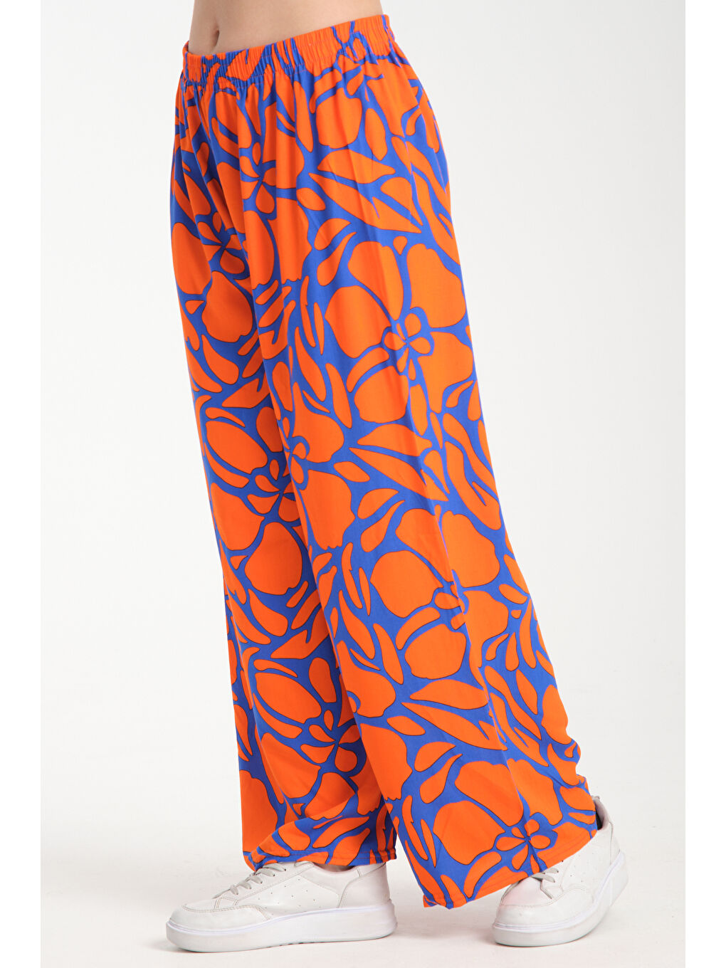 Turuncu Kadın Desenli Dökümlü Viskon Pantolon 1080-2