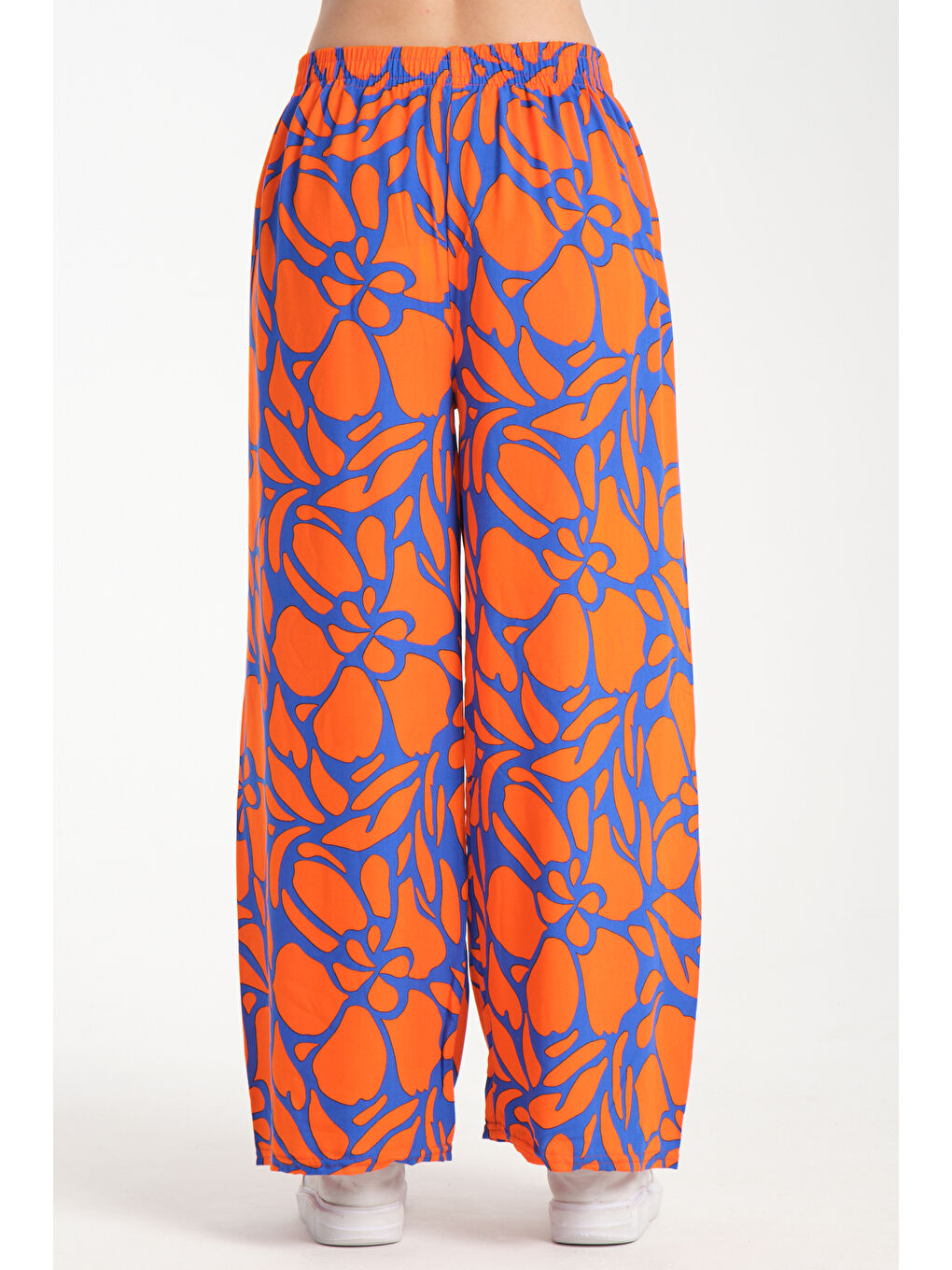 Turuncu Kadın Desenli Dökümlü Viskon Pantolon 1080-3