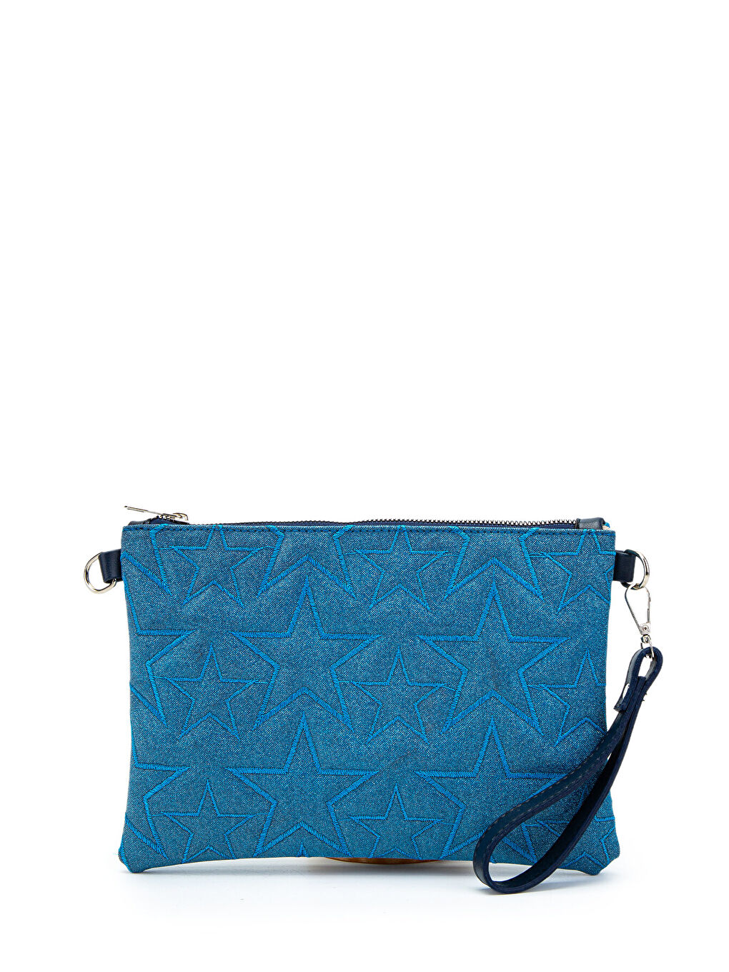 Yıldız Dikişli Clutch Star Kadın Çanta Simli Mavi-1