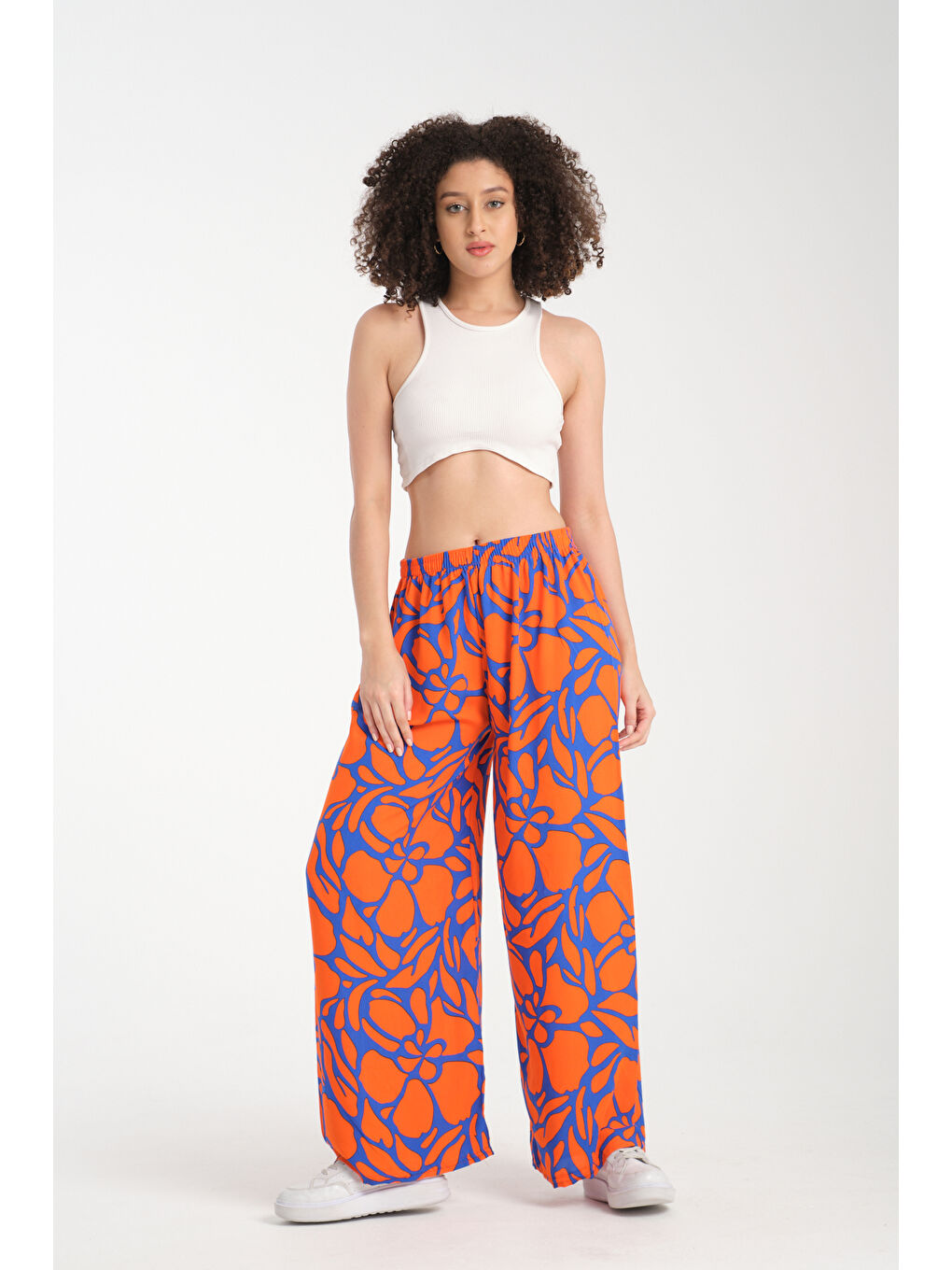Turuncu Kadın Desenli Dökümlü Viskon Pantolon 1080-4