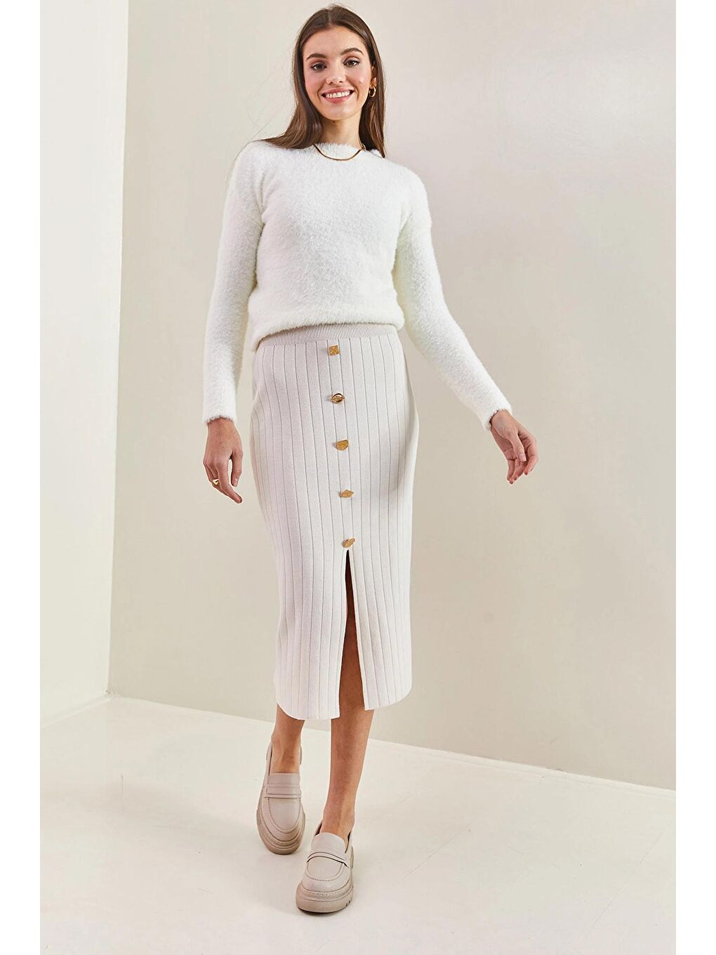 Ekru Kadın Düğmeli Triko Etek-3
