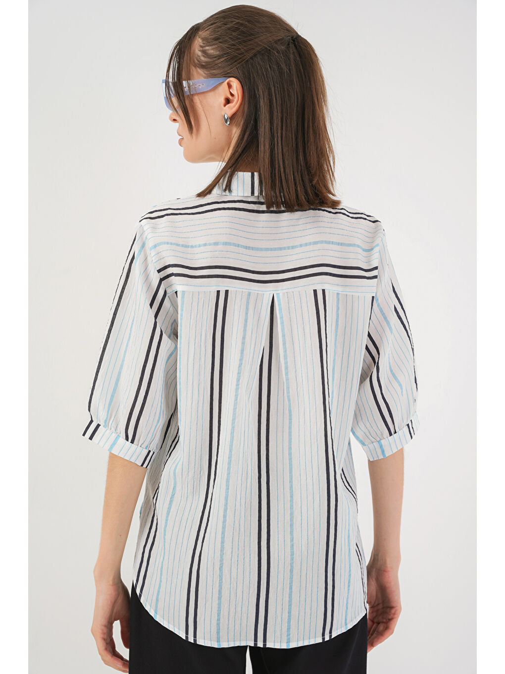 Kadın Çizgili Kısa Kol Gömlek 20345 - Açık Mavi-5