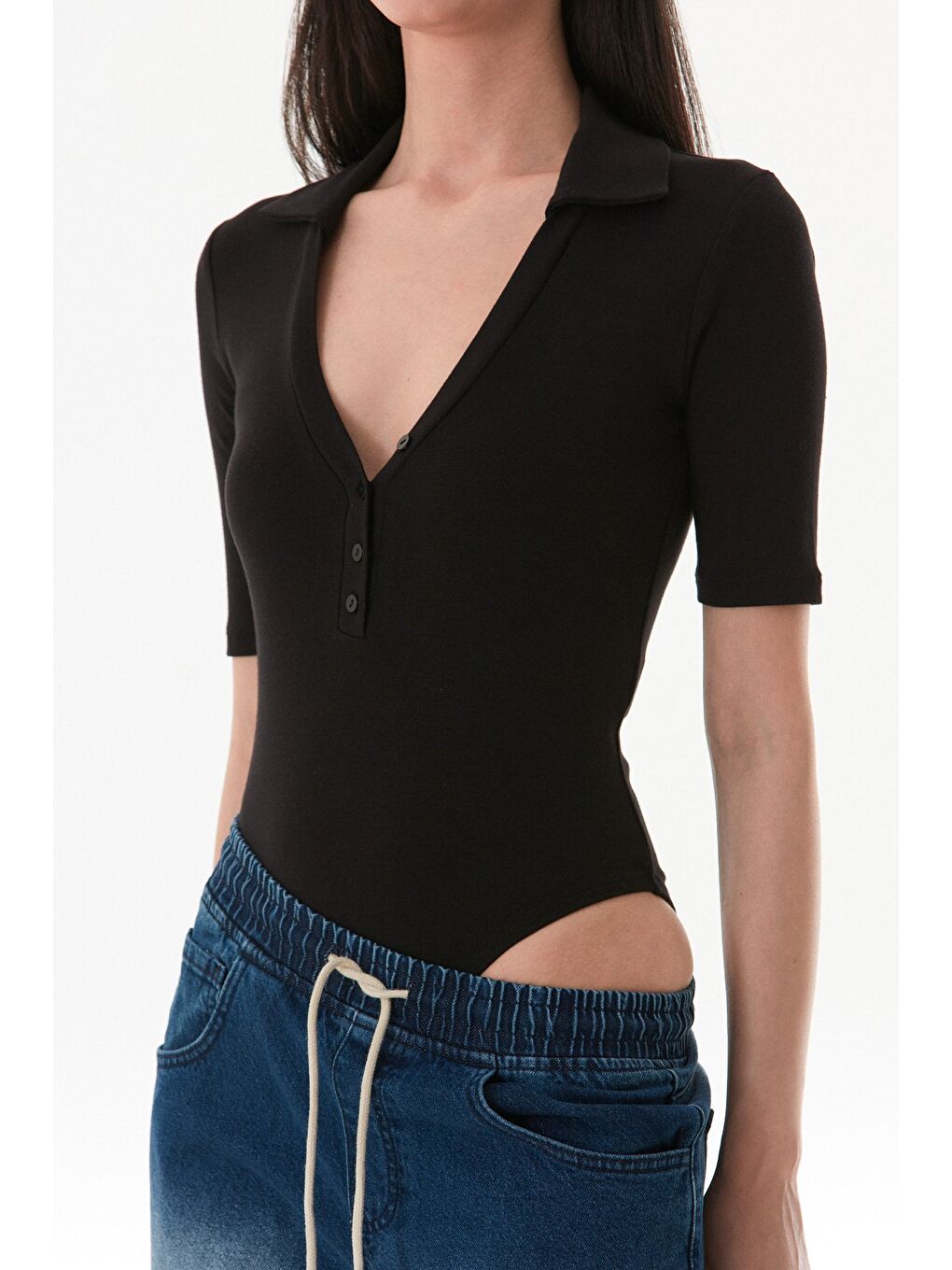 Siyah Basic Polo Yaka Çıtçıtlı Elastanlı Modal Body-4