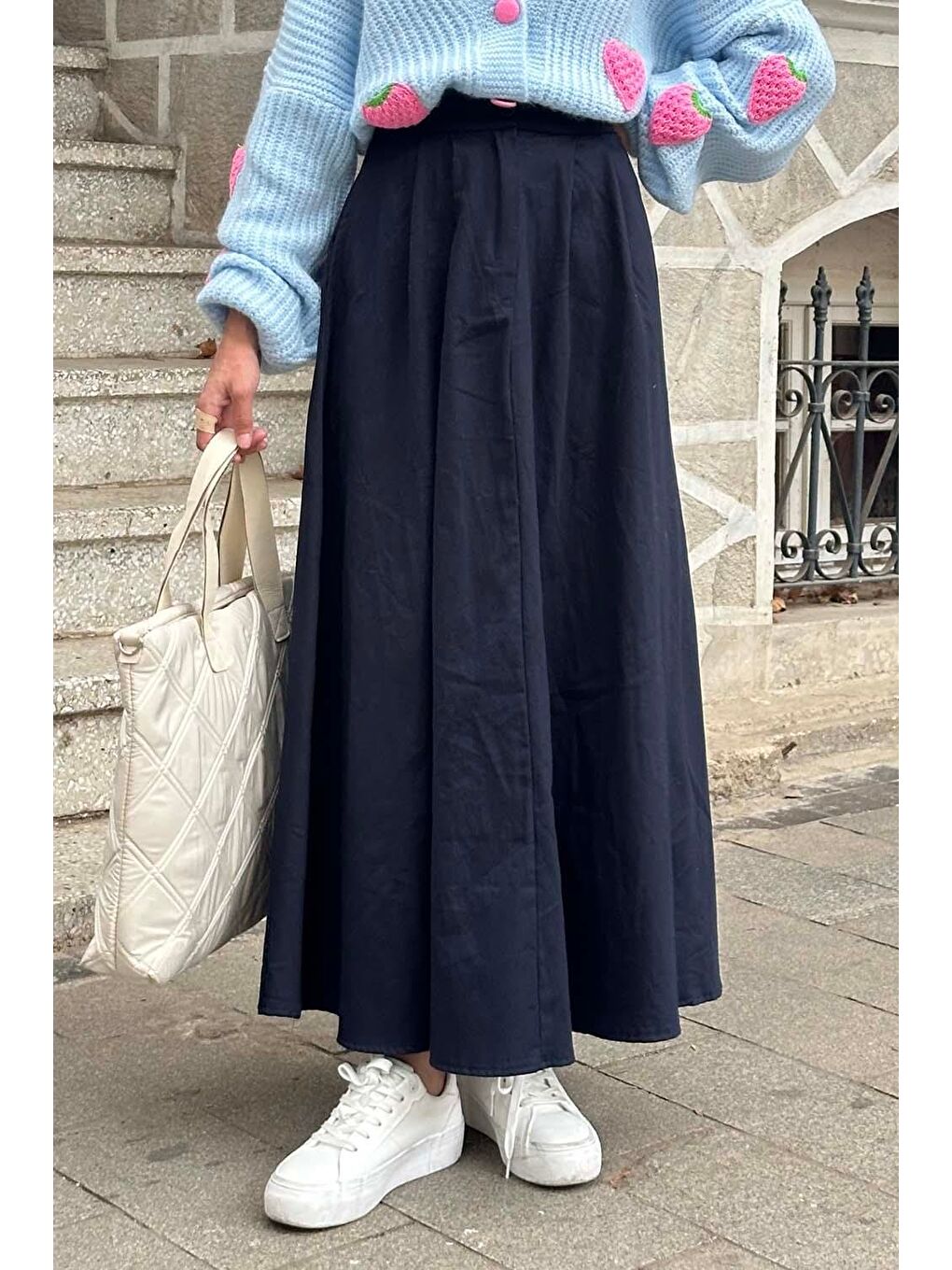 Cep Detaylı Kloş Keten Etek Lacivert