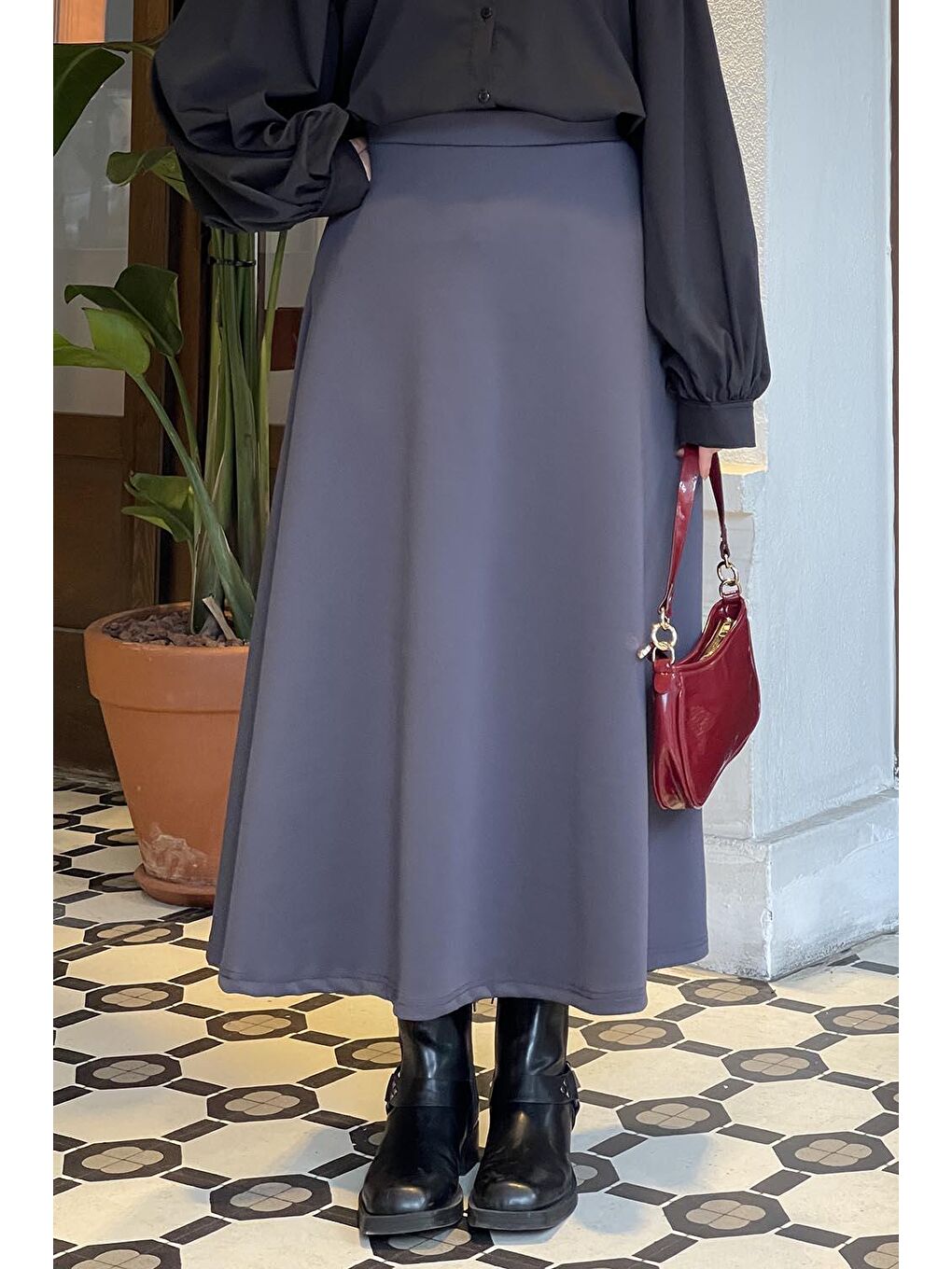 Gri Scuba Kumaş Kloş Etek Füme-1