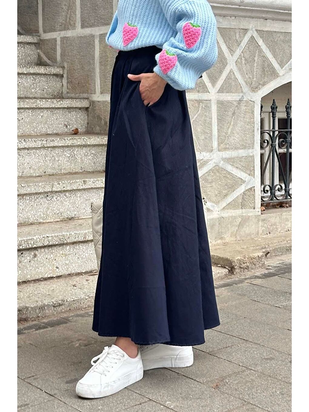 Cep Detaylı Kloş Keten Etek Lacivert-1
