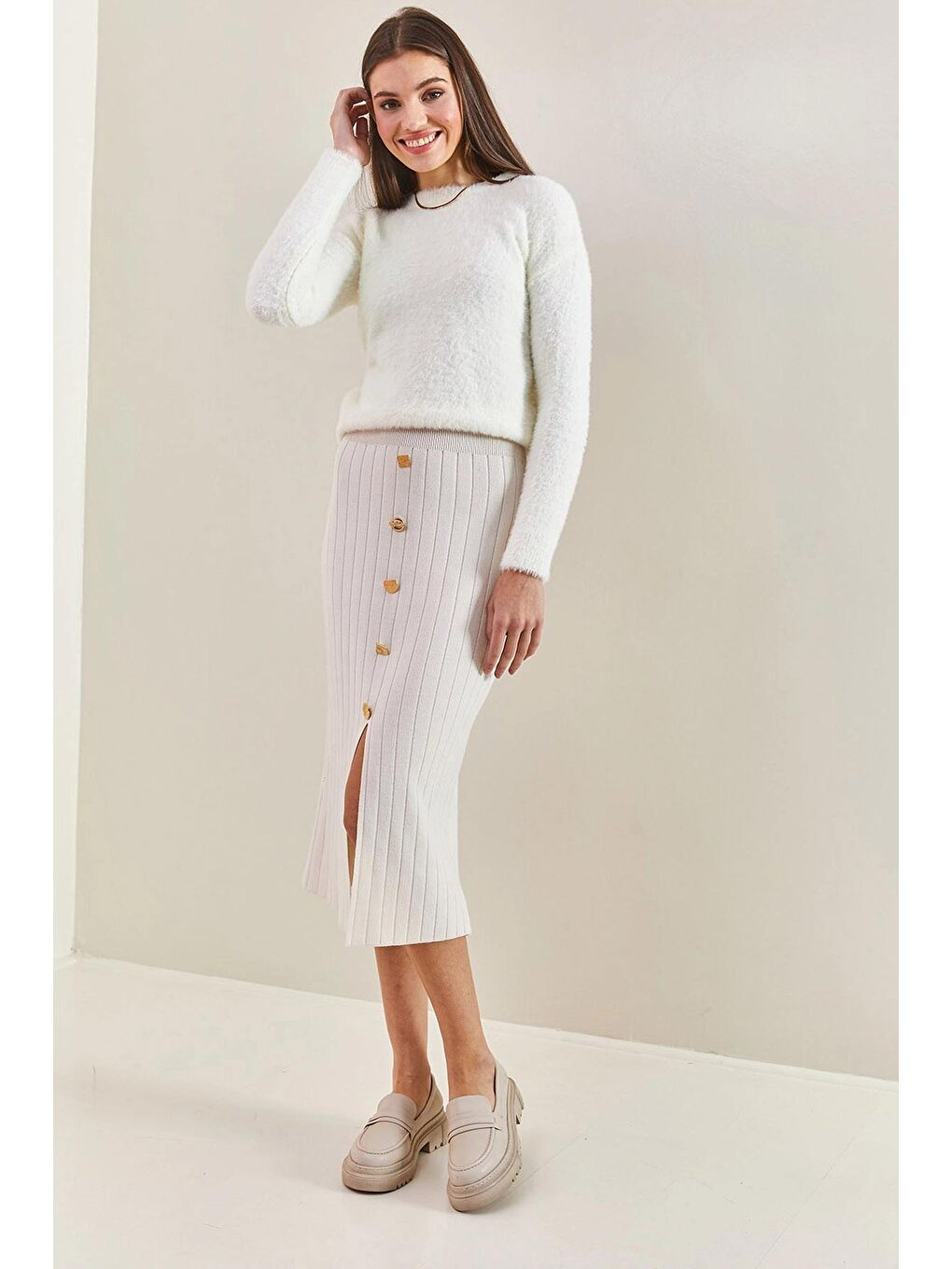 Ekru Kadın Düğmeli Triko Etek-4