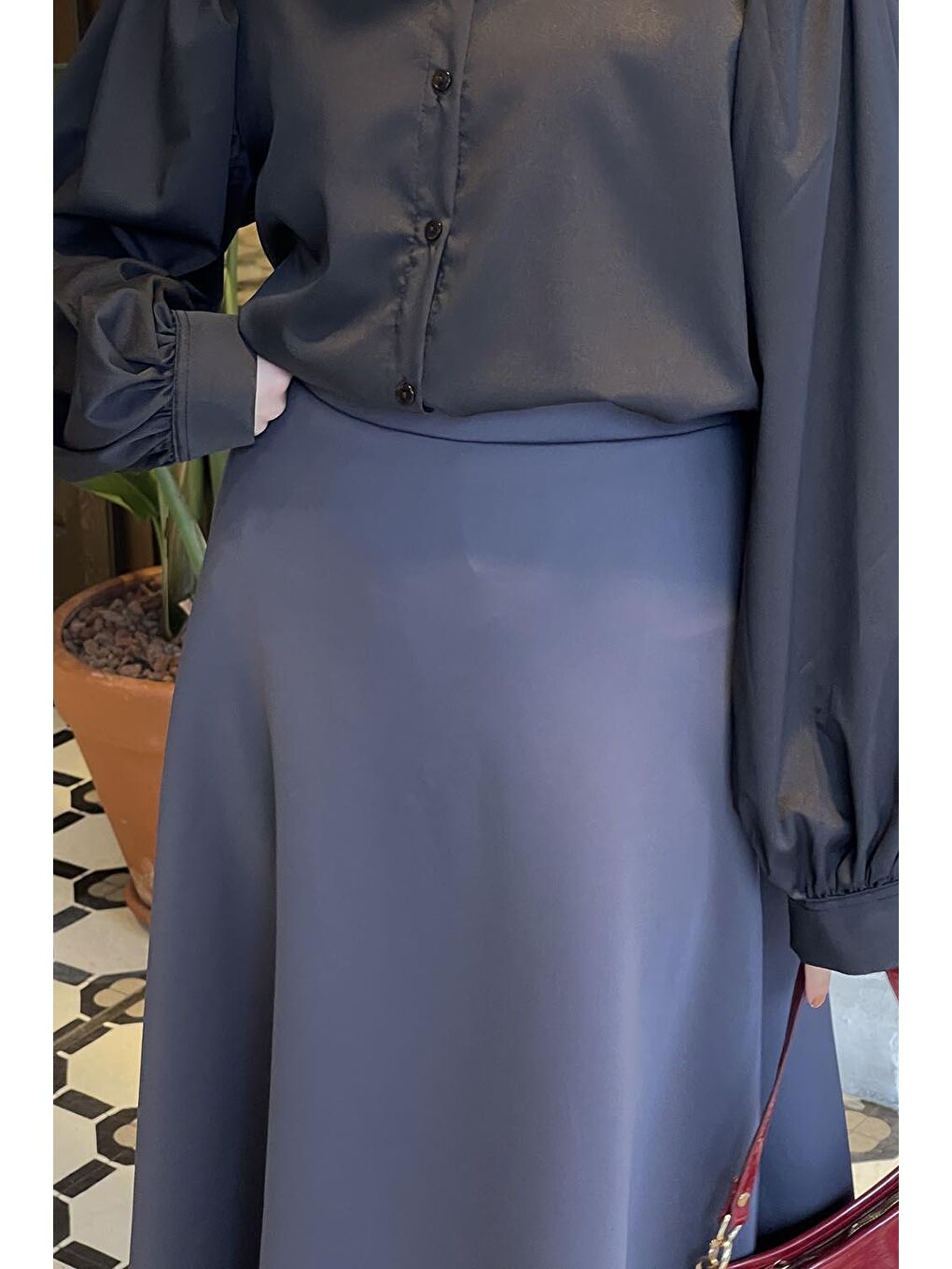 Gri Scuba Kumaş Kloş Etek Füme-2