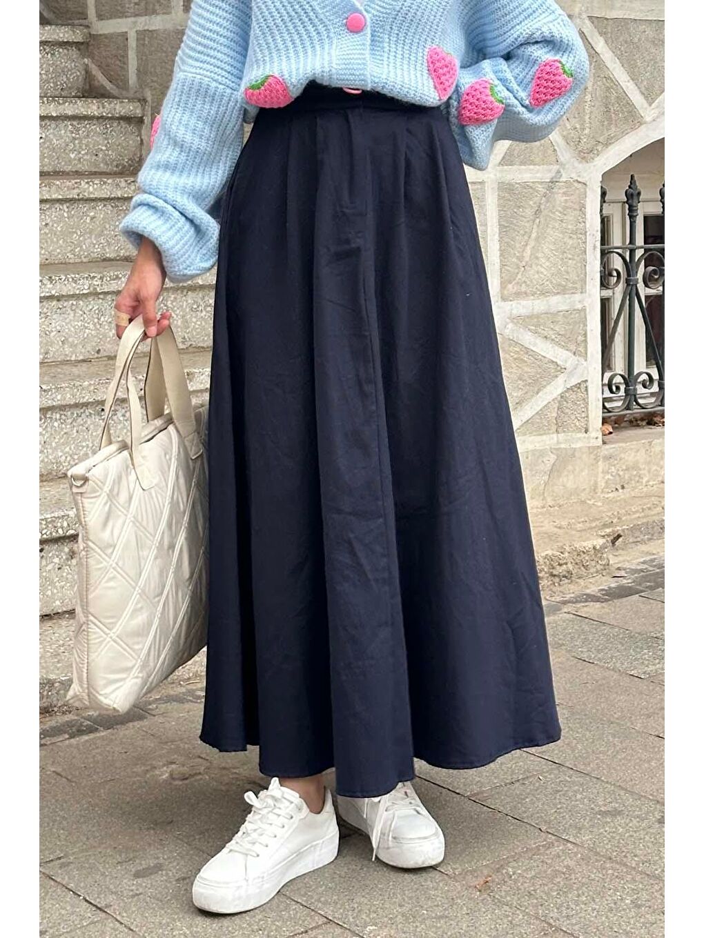 Cep Detaylı Kloş Keten Etek Lacivert-2