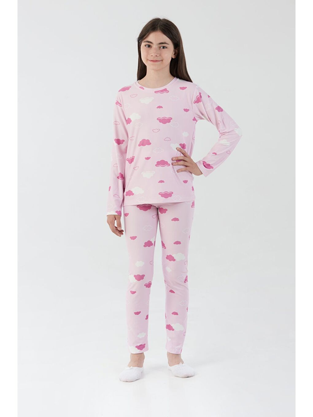 Lila Bulut Desenli Süet Kız Çocuk Pijama Takımı