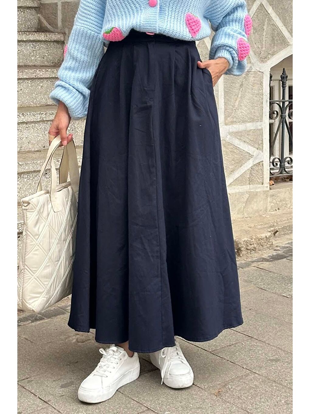 Cep Detaylı Kloş Keten Etek Lacivert-3