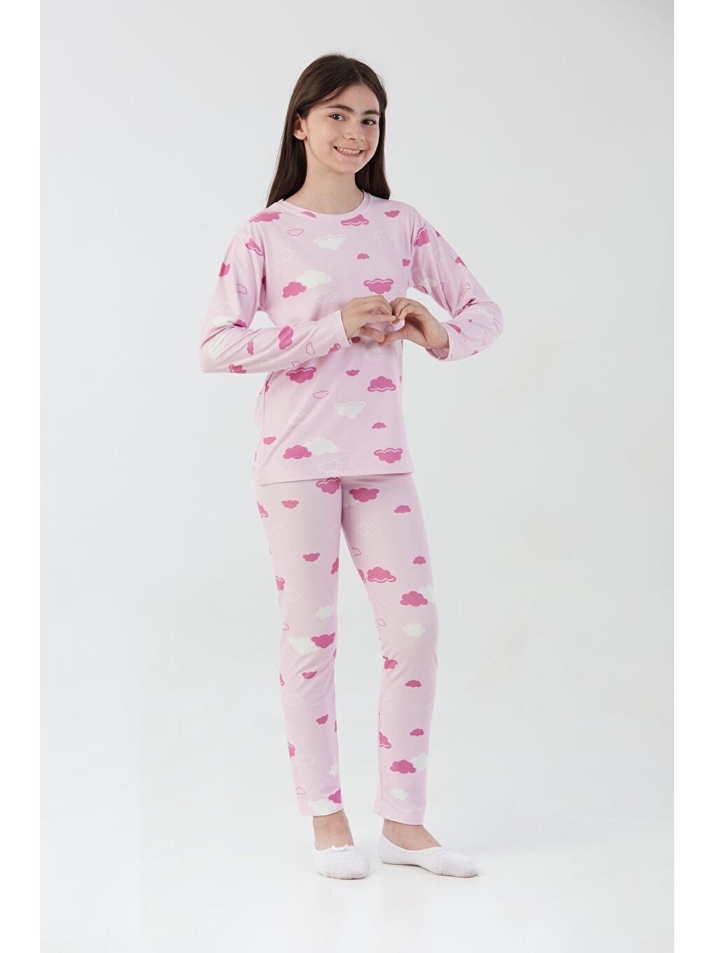 Lila Bulut Desenli Süet Kız Çocuk Pijama Takımı-1