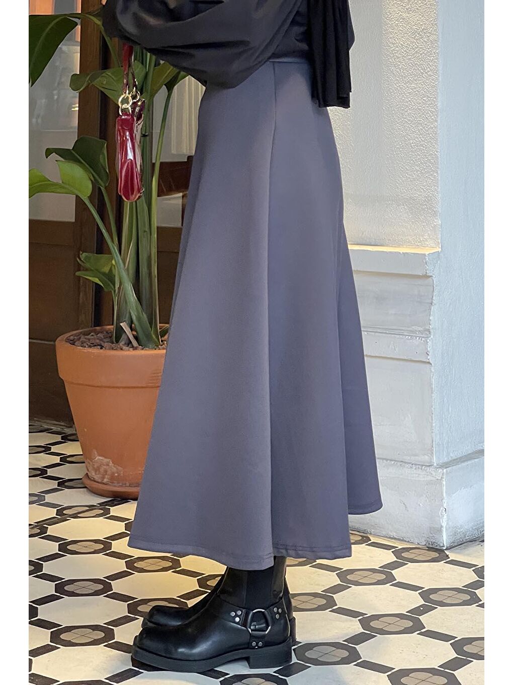 Gri Scuba Kumaş Kloş Etek Füme-3