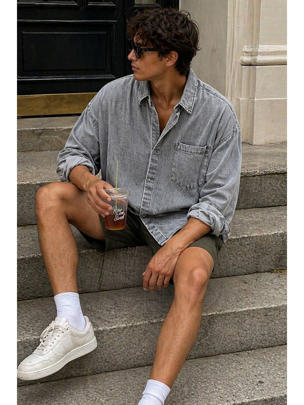 Gri Oversize Jean Gömlek-1