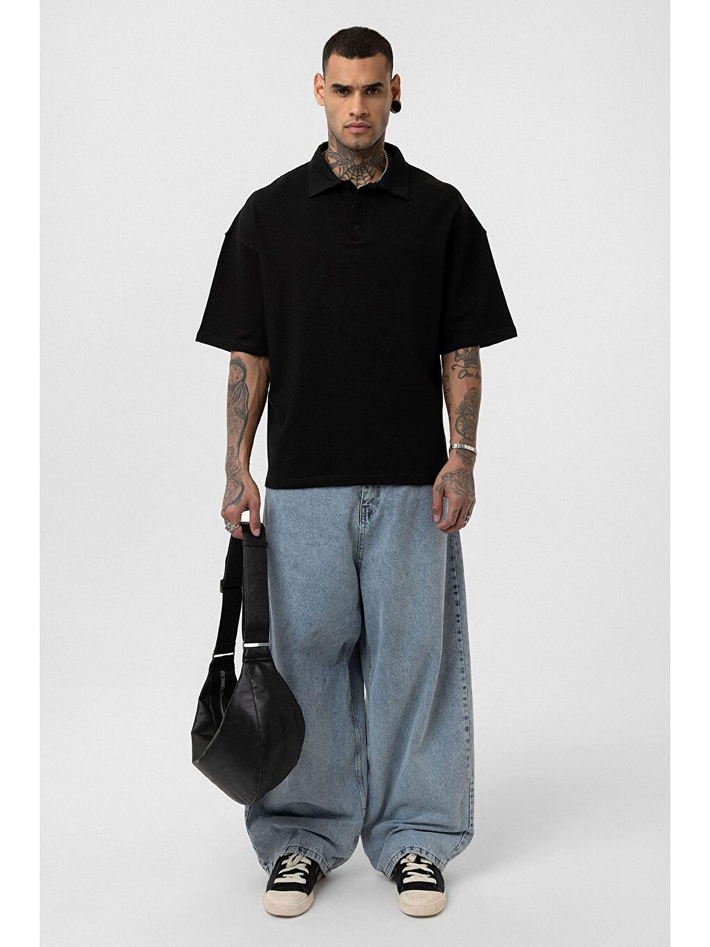 Basic Polo Yaka Oversize Tişört Siyah