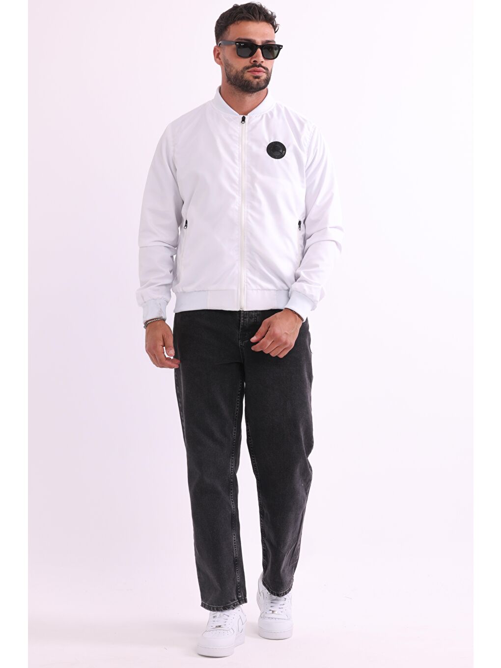 Beyaz Erkek Kolej Yaka Rüzgara Dayanıklı Mevsimlik Spor Mont M-6-2-3