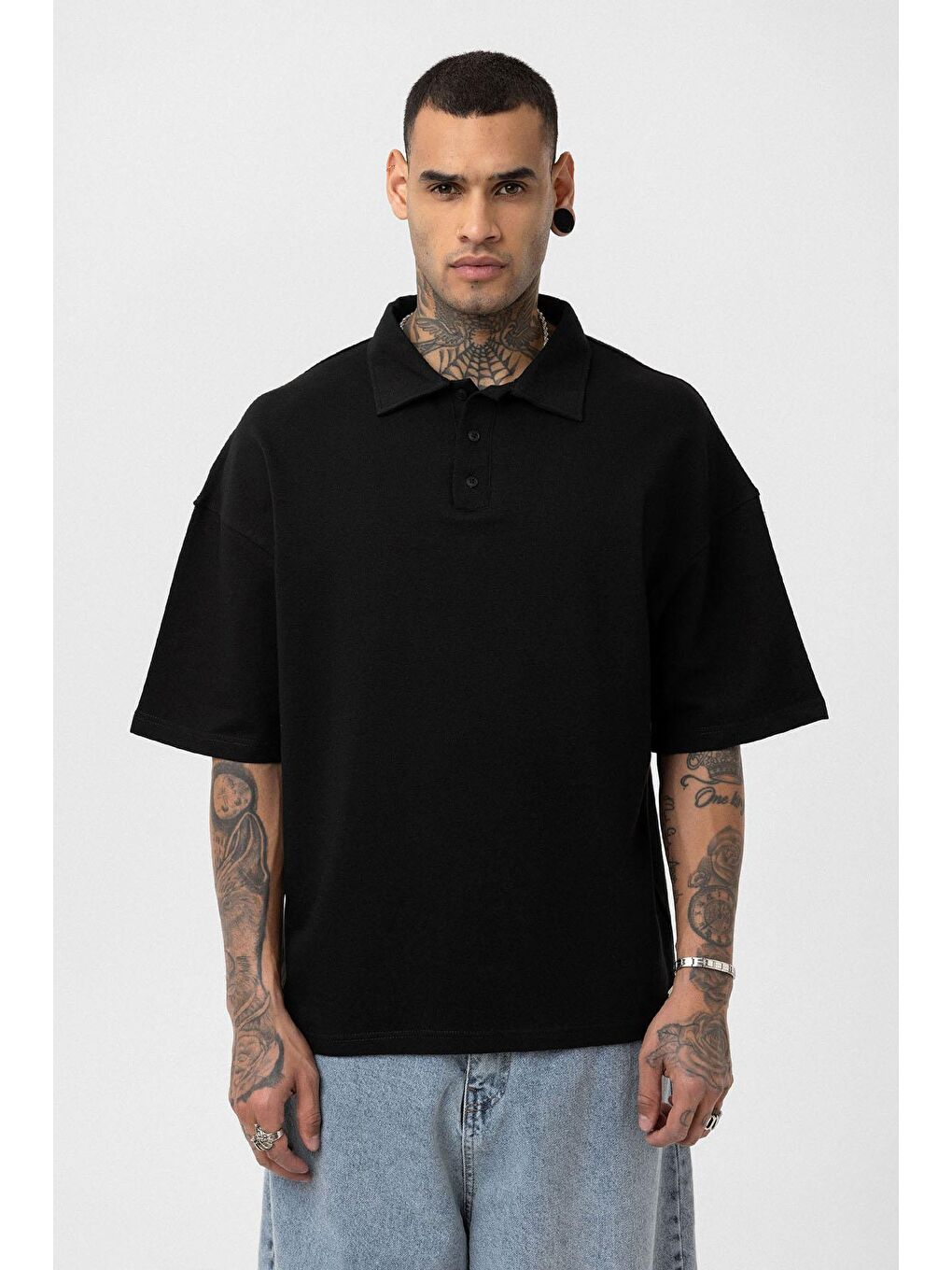 Basic Polo Yaka Oversize Tişört Siyah-2