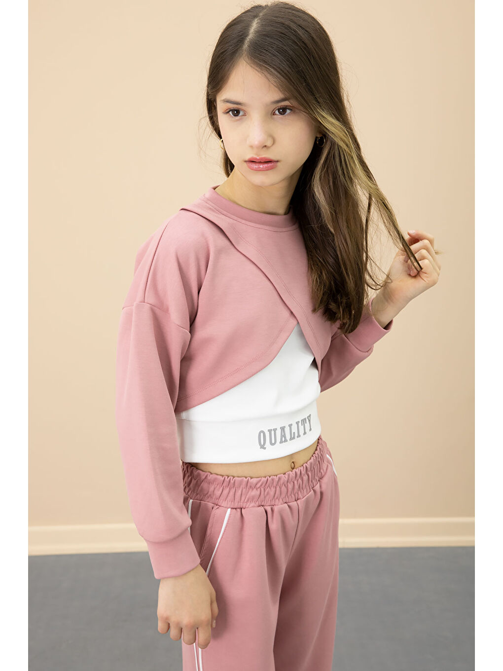 Pembe Şerit Detaylı Geniş Paça Croplu Kız Çocuk 3'lü Takım 20705-1