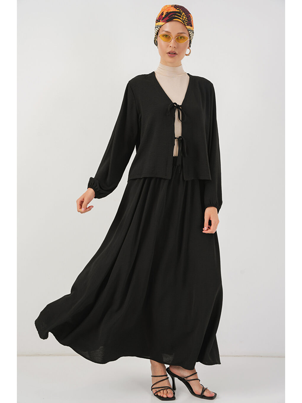 Kadın Ayrobin Kimono Etek İkili Takım 8047 - Siyah