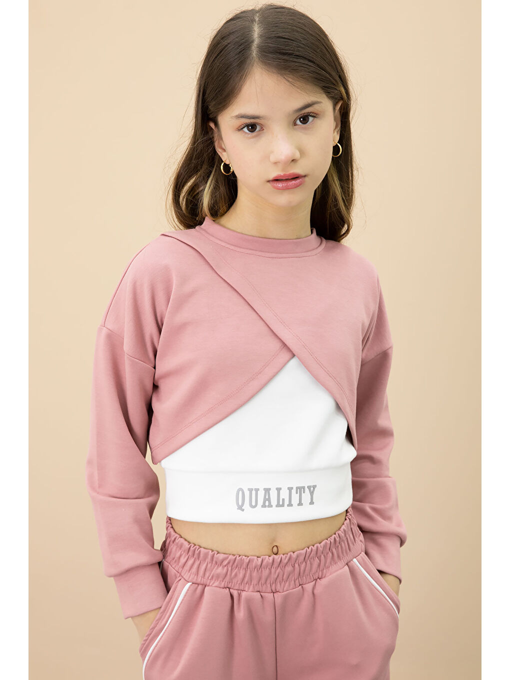 Pembe Şerit Detaylı Geniş Paça Croplu Kız Çocuk 3'lü Takım 20705-3