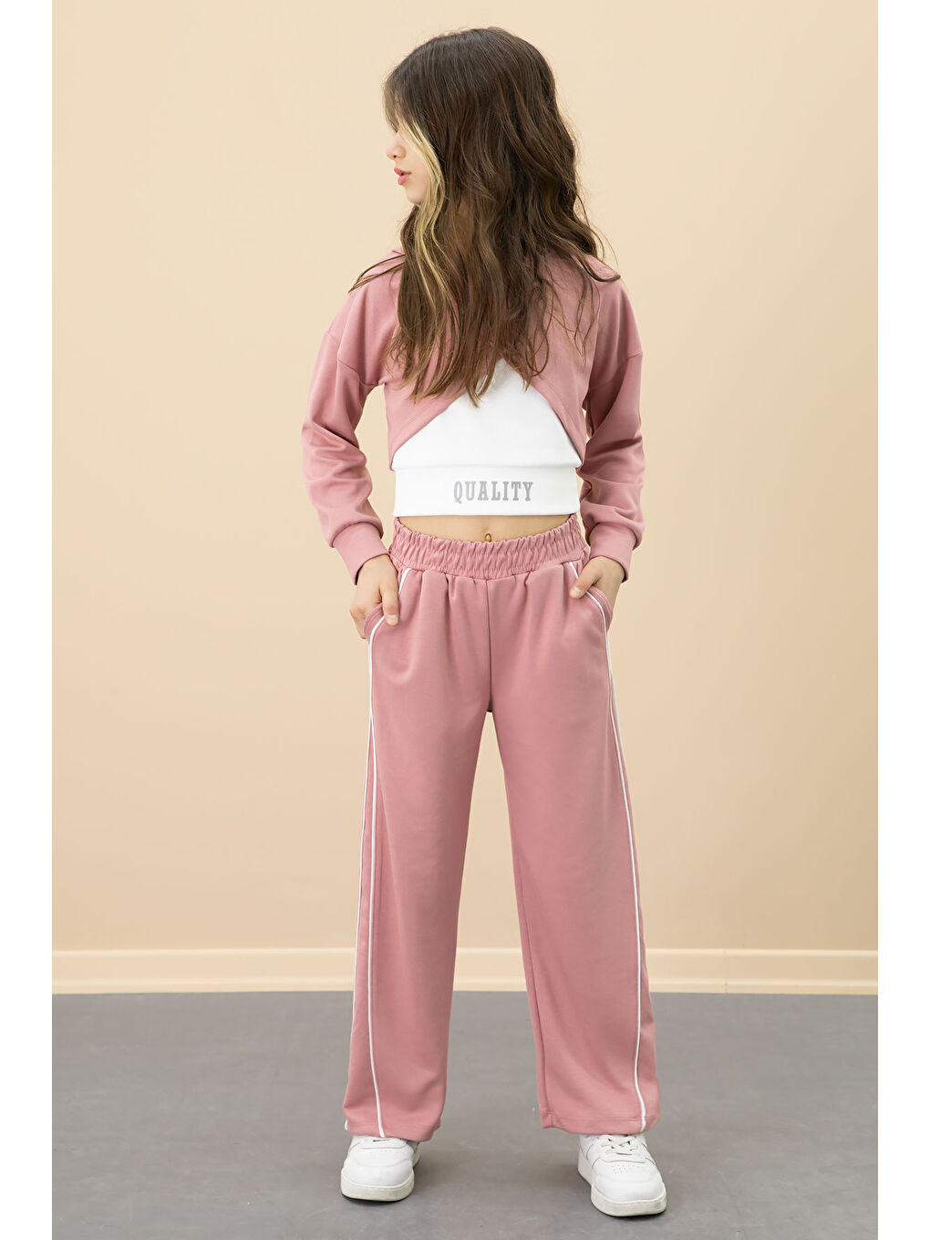 Pembe Şerit Detaylı Geniş Paça Croplu Kız Çocuk 3'lü Takım 20705-4