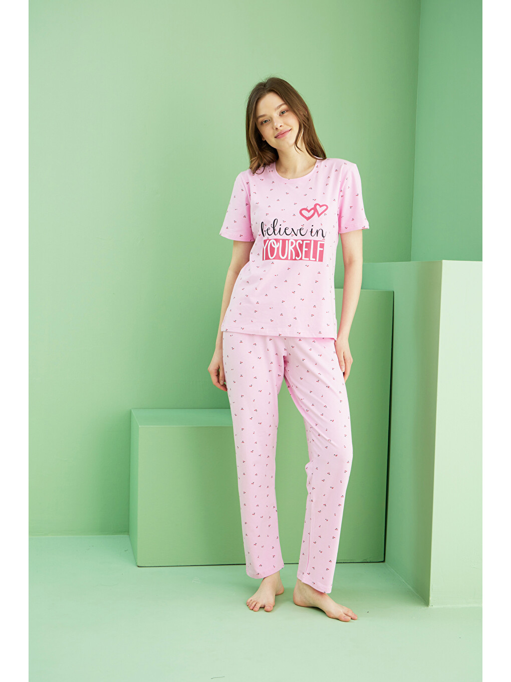 Pembe Desenli Pamuklu Bisiklet Yaka Örme Pijama Takım25117073-1