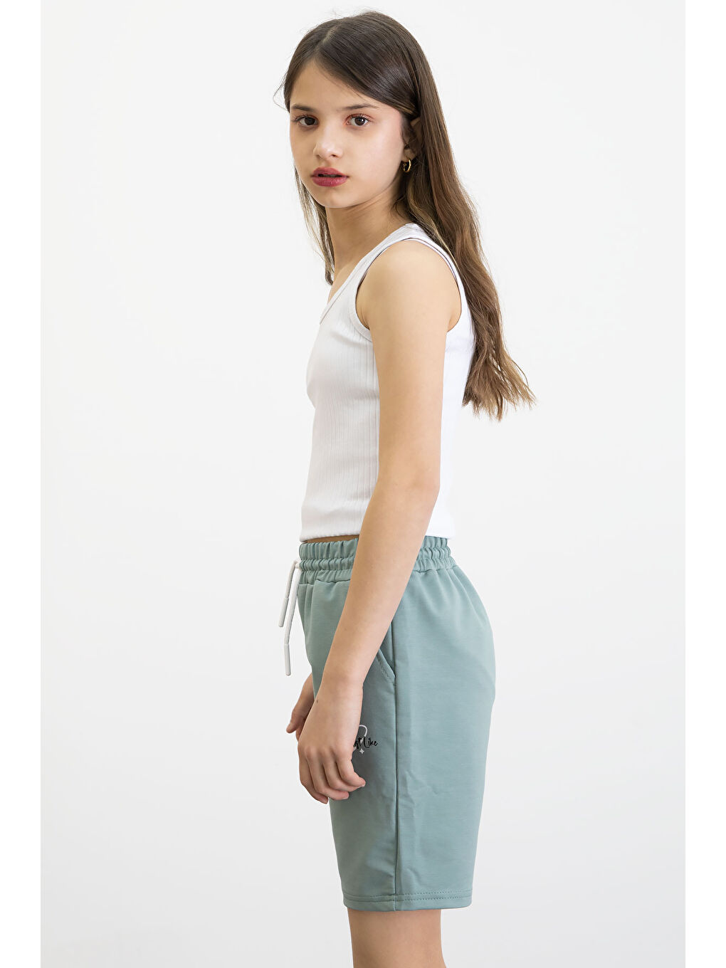 Yeşil Beli Lastikli Şerit Detaylı Kız Çocuk Şort 20753-3