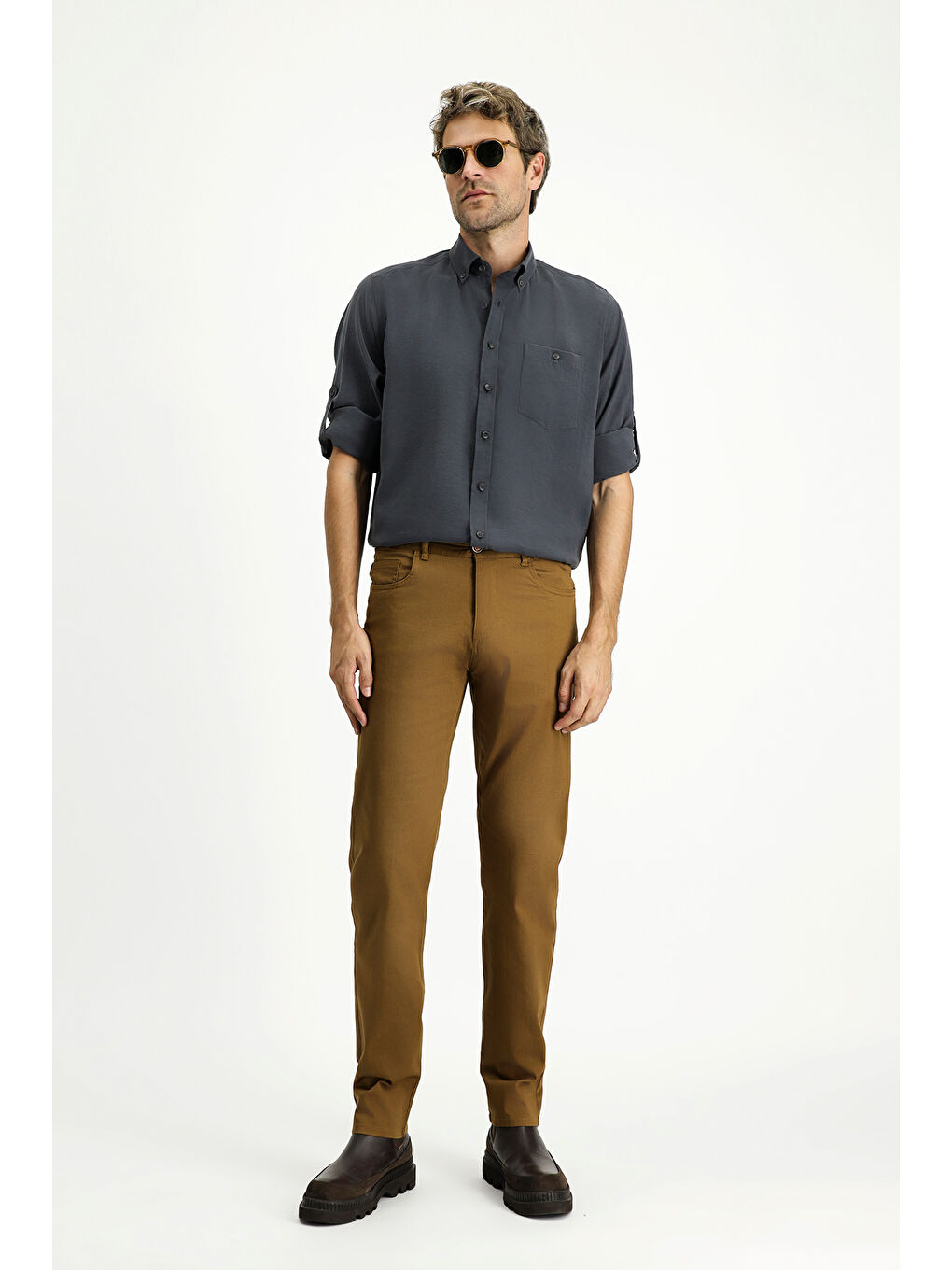 Kahverengi Slim Fit Dar Kesim Elastanlı Kanvas / Chino Pantolon