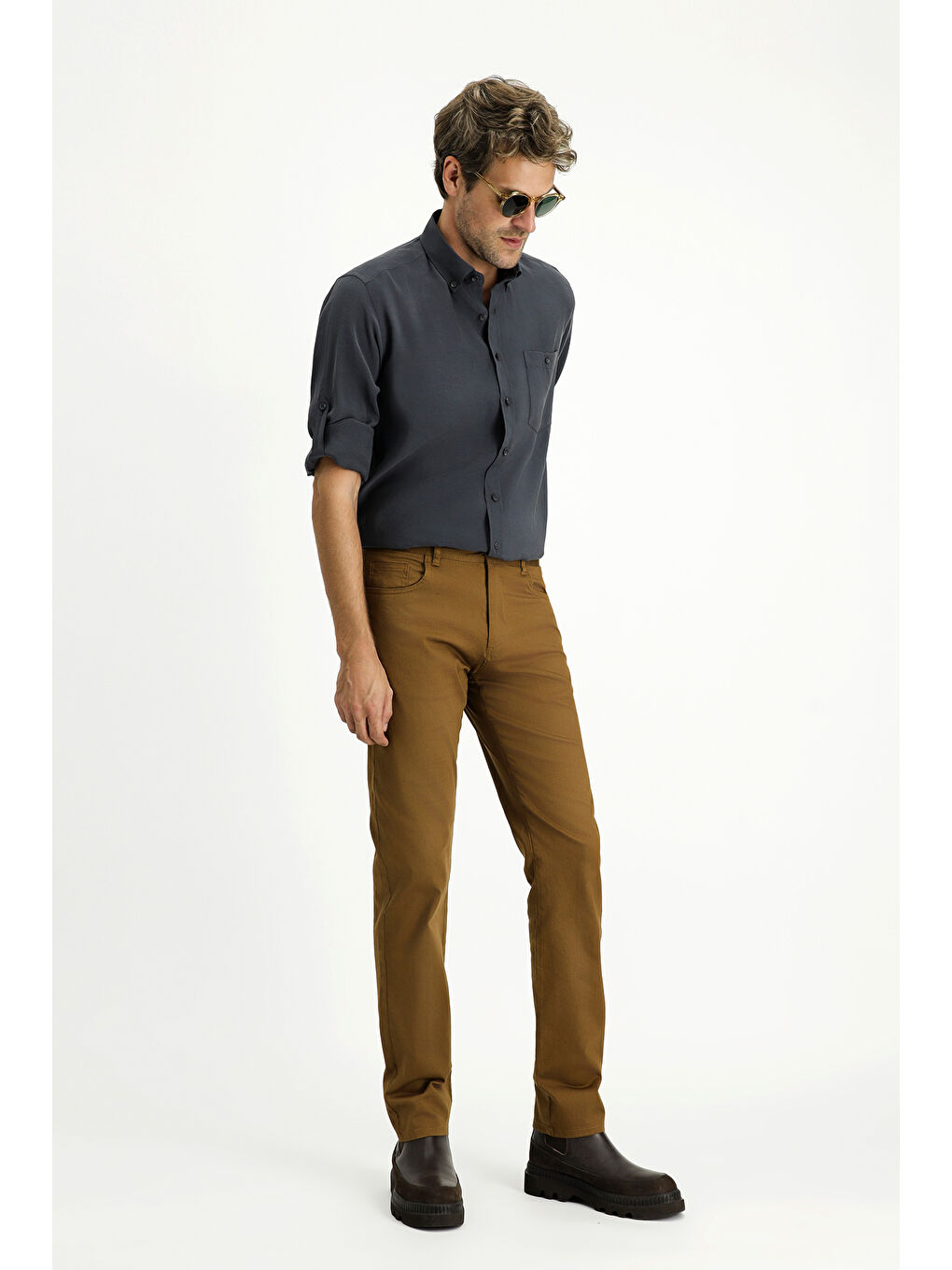 Kahverengi Slim Fit Dar Kesim Elastanlı Kanvas / Chino Pantolon-2