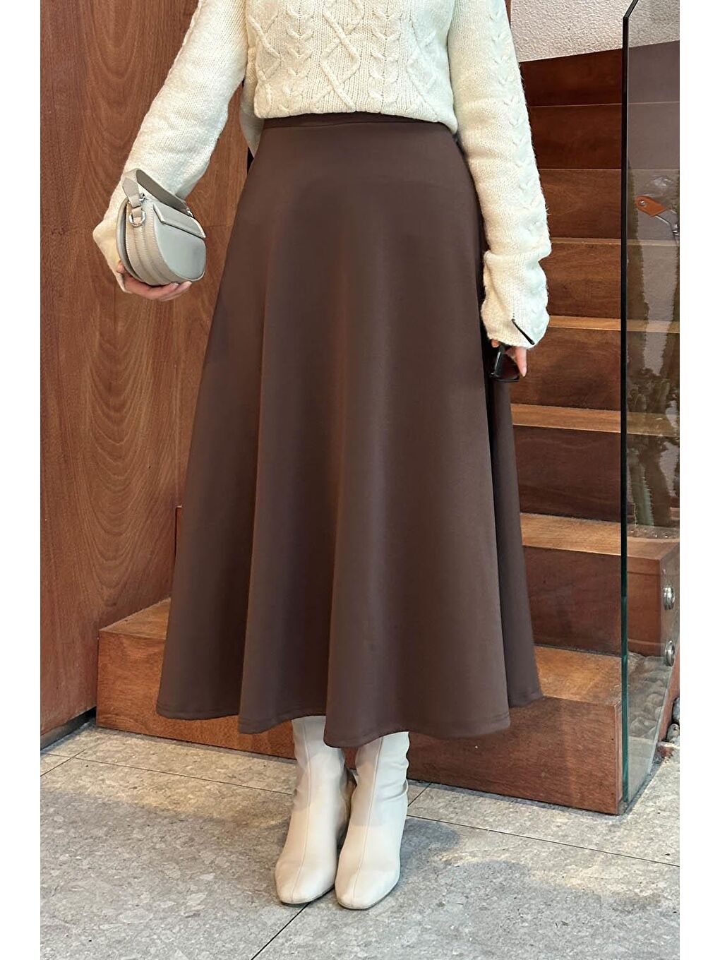 Scuba Kumaş Kloş Etek Kahverengi