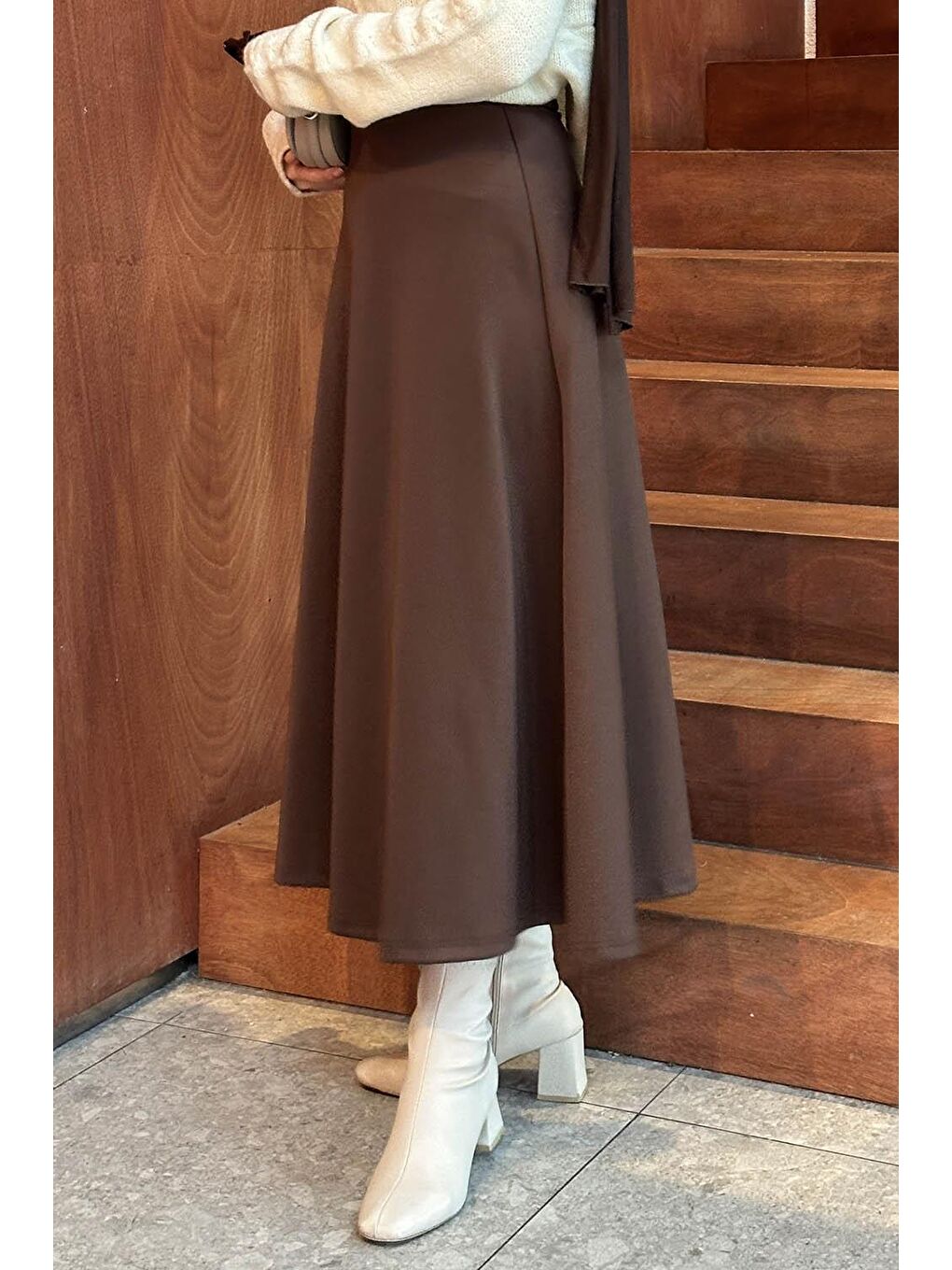 Scuba Kumaş Kloş Etek Kahverengi-1