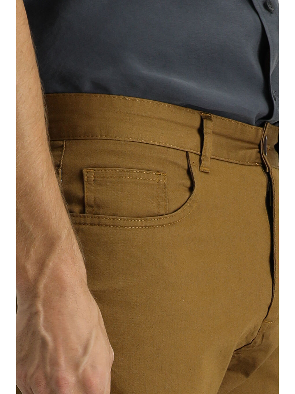 Kahverengi Slim Fit Dar Kesim Elastanlı Kanvas / Chino Pantolon-3