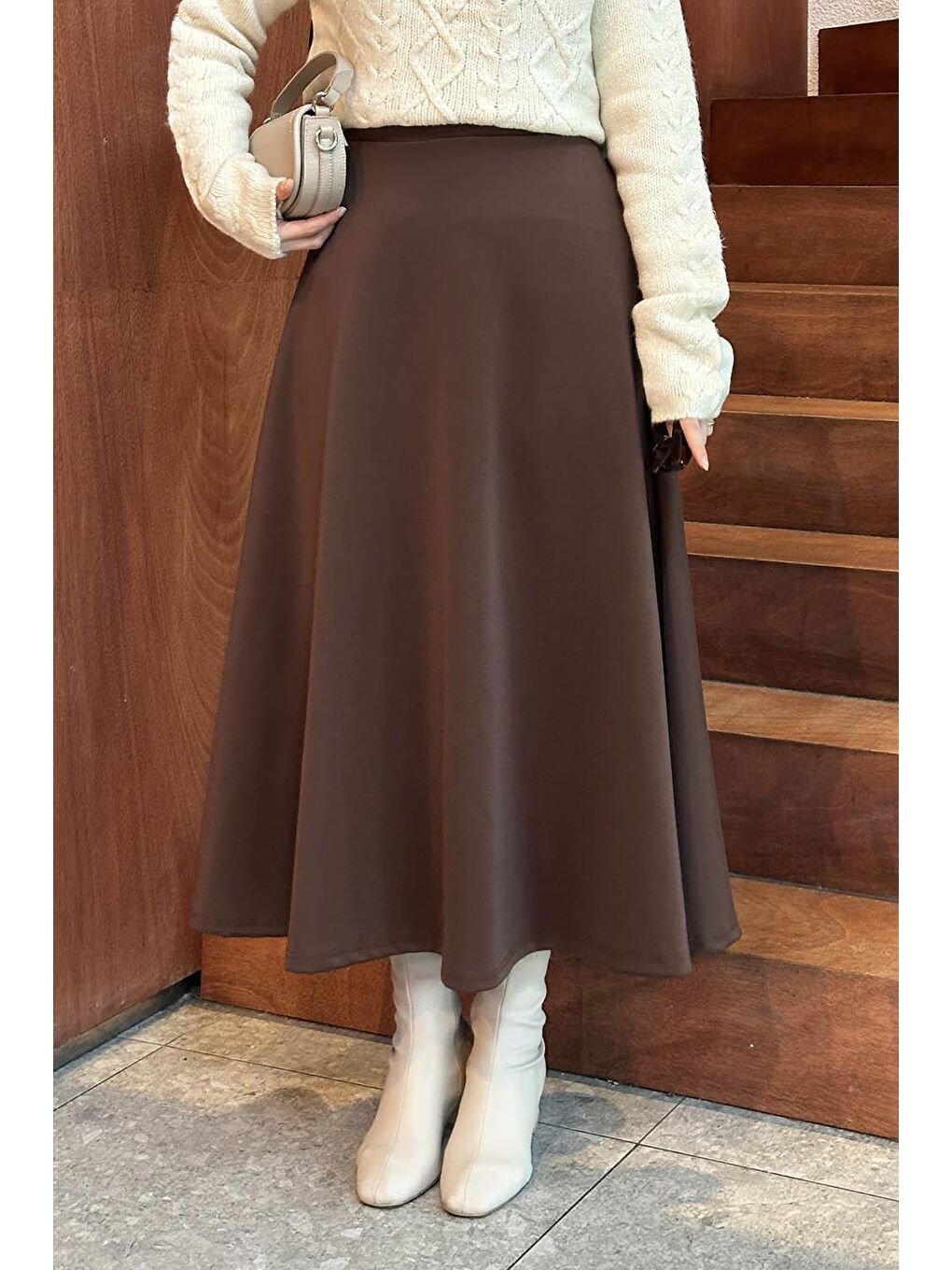 Scuba Kumaş Kloş Etek Kahverengi-2