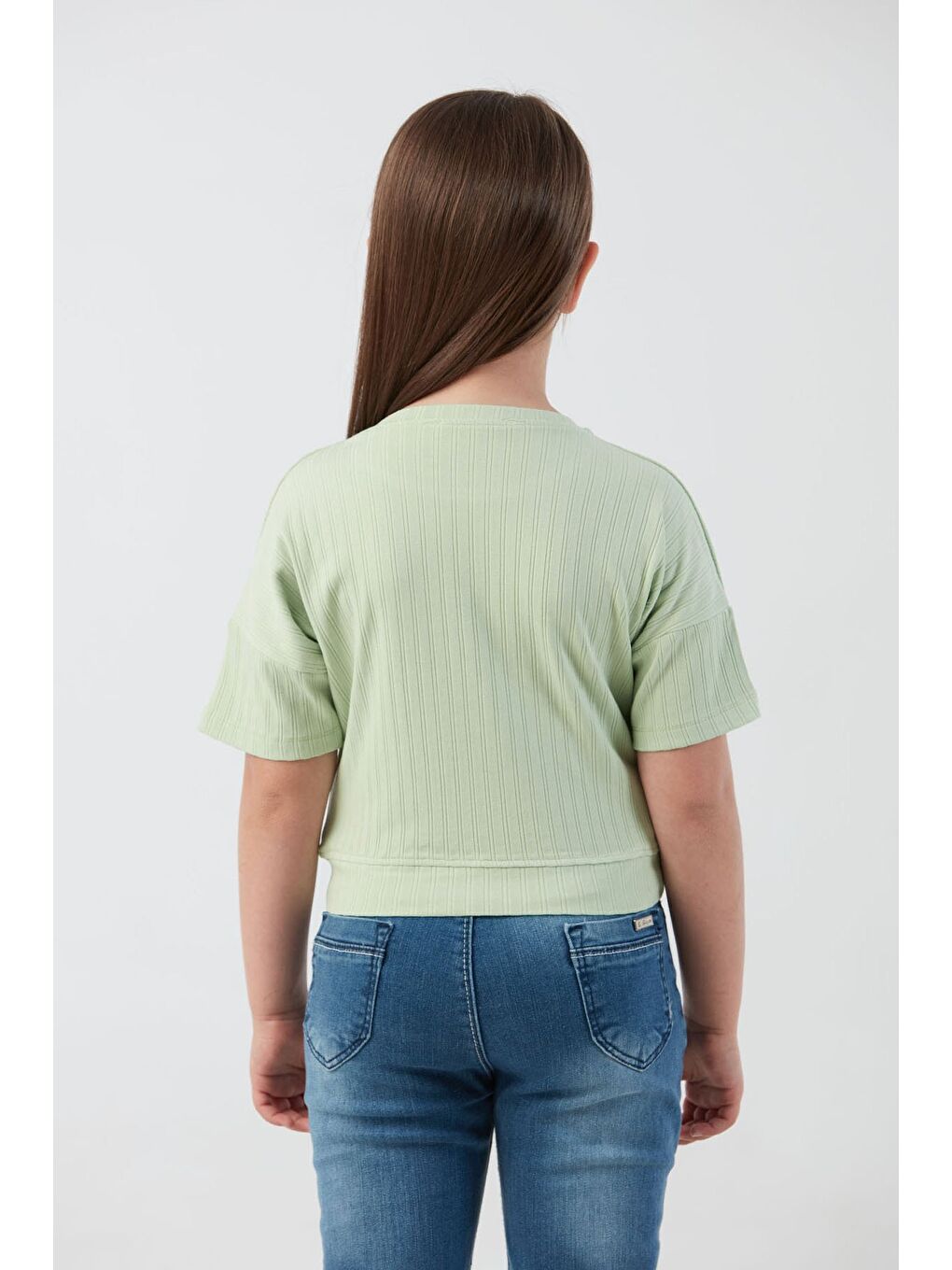 Turkuaz Fitilli Yazı Baskılı Elastanlı Kız Çocuk Tişört-2