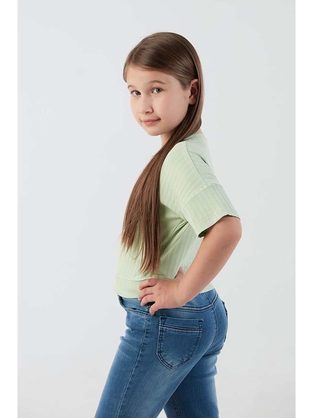 Turkuaz Fitilli Yazı Baskılı Elastanlı Kız Çocuk Tişört-3