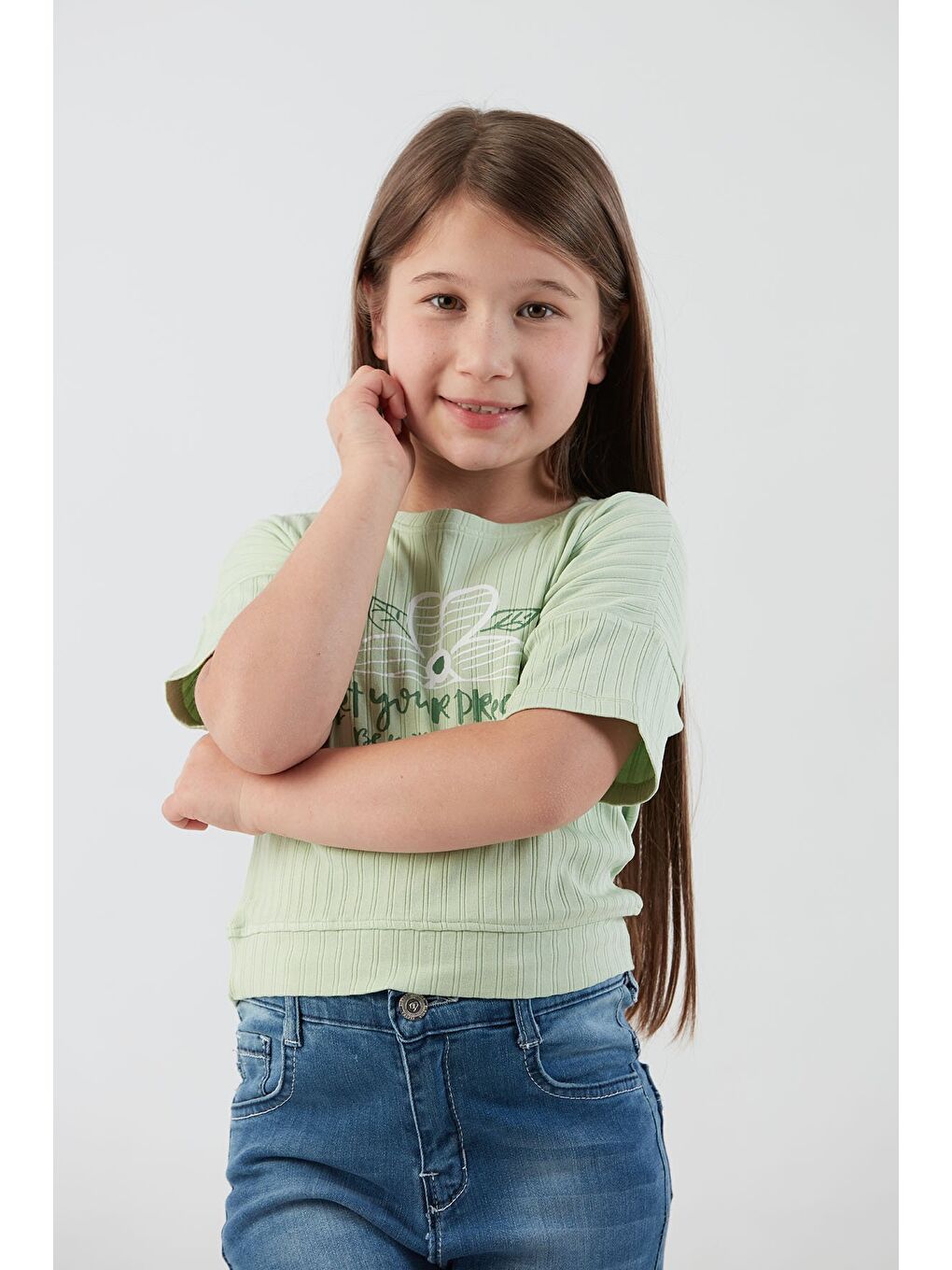 Turkuaz Fitilli Yazı Baskılı Elastanlı Kız Çocuk Tişört-4