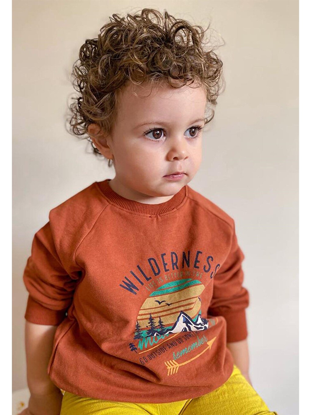 Kahverengi Dağ Baskılı Sweatshirt 3-9 Yaş Koyu Kiremit