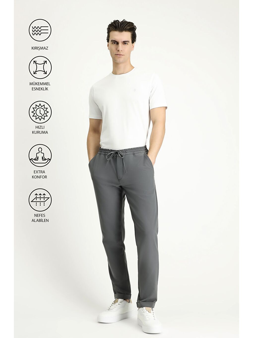 Gri Techno-Line Slim Fit Dar Kesim Beli Lastikli İpli Elastanlı Klasik Kumaş Pantolon