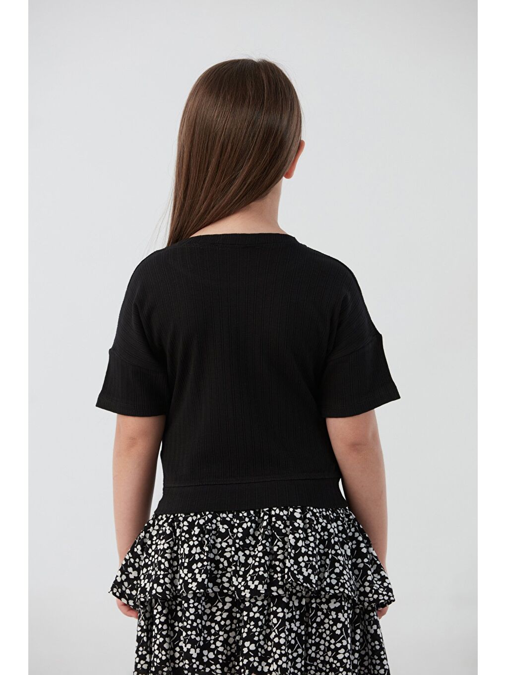 Siyah Fitilli Yazı Baskılı Elastanlı Kız Çocuk Tişört-1