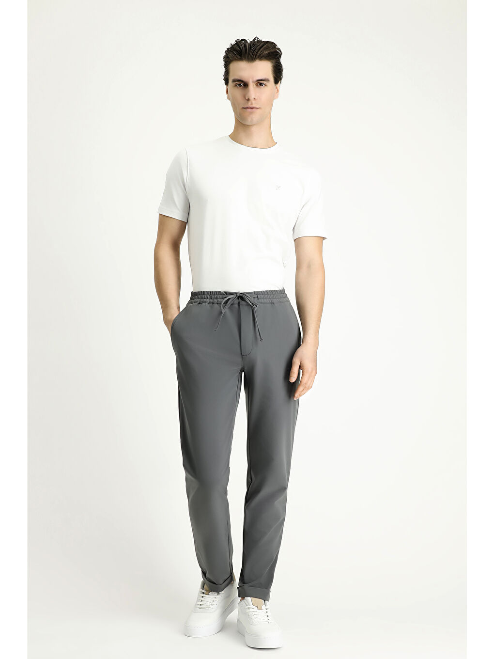 Gri Techno-Line Slim Fit Dar Kesim Beli Lastikli İpli Elastanlı Klasik Kumaş Pantolon-2