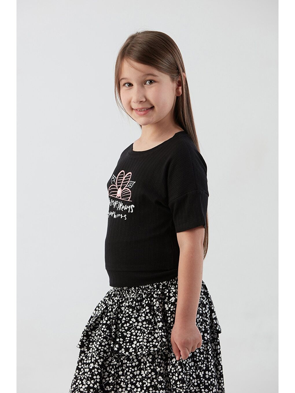 Siyah Fitilli Yazı Baskılı Elastanlı Kız Çocuk Tişört-2