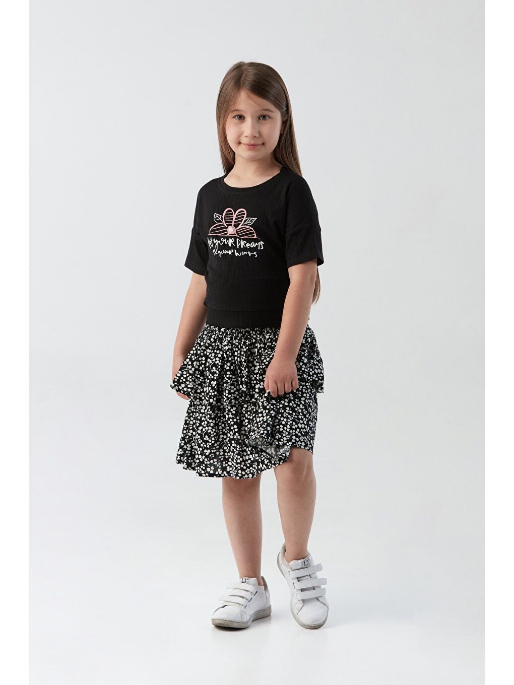 Siyah Fitilli Yazı Baskılı Elastanlı Kız Çocuk Tişört-3