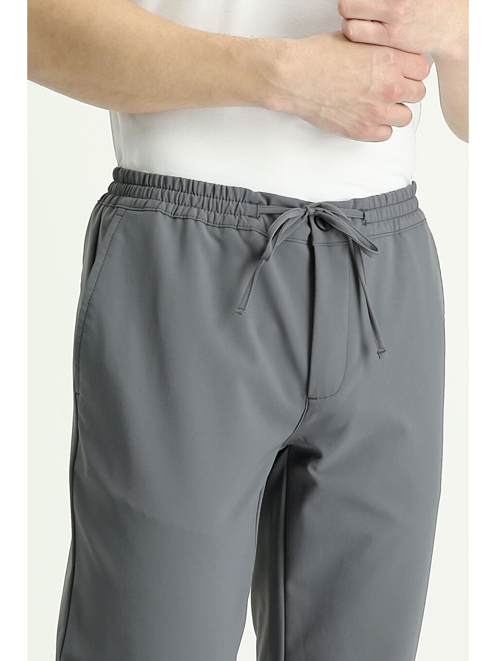 Gri Techno-Line Slim Fit Dar Kesim Beli Lastikli İpli Elastanlı Klasik Kumaş Pantolon-3